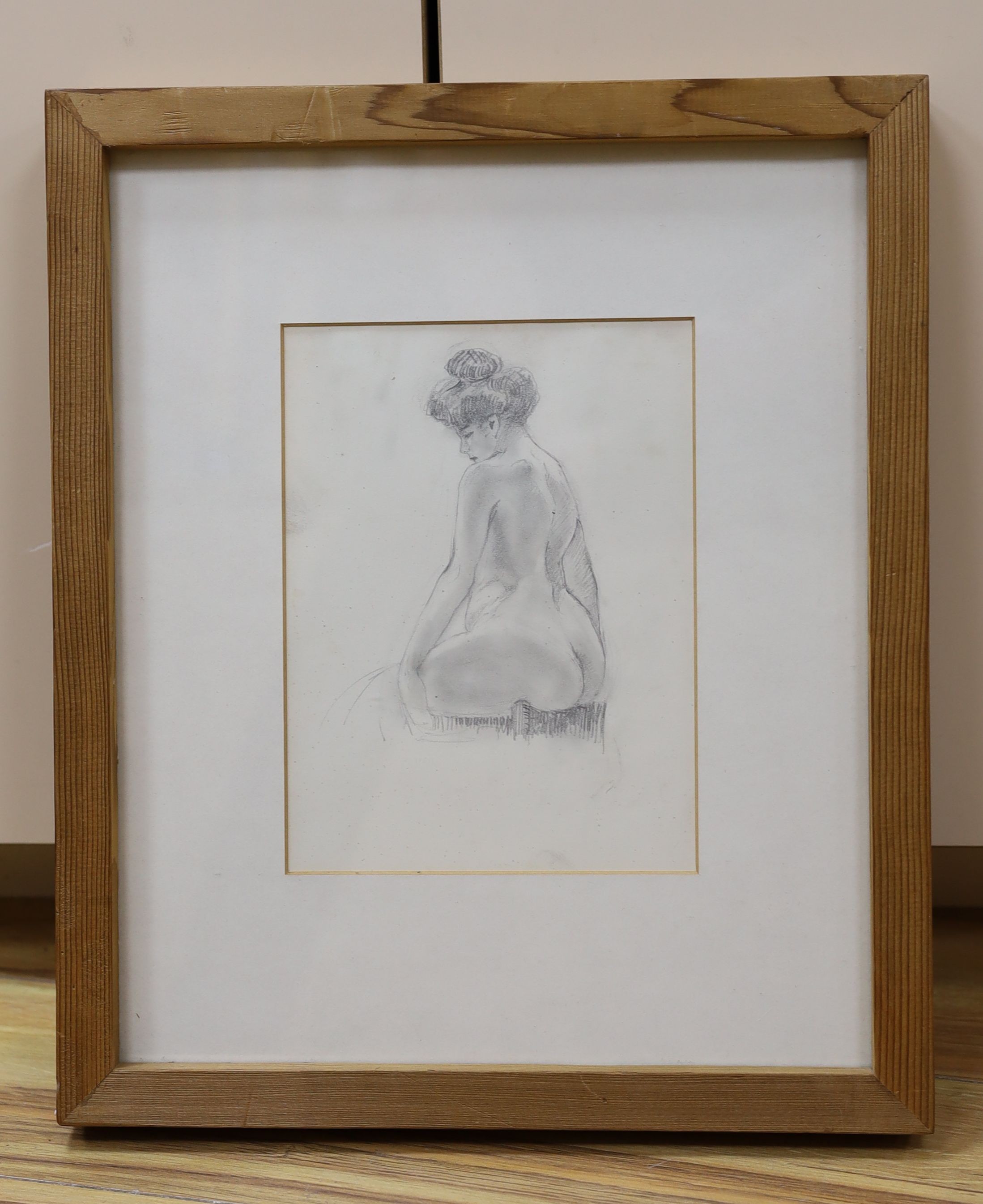 Attributed to Christopher Wood (1901-30), pencil drawing, 'Nude seated, with hair up', unsigned, label with attribution verso, 21 x 16cm